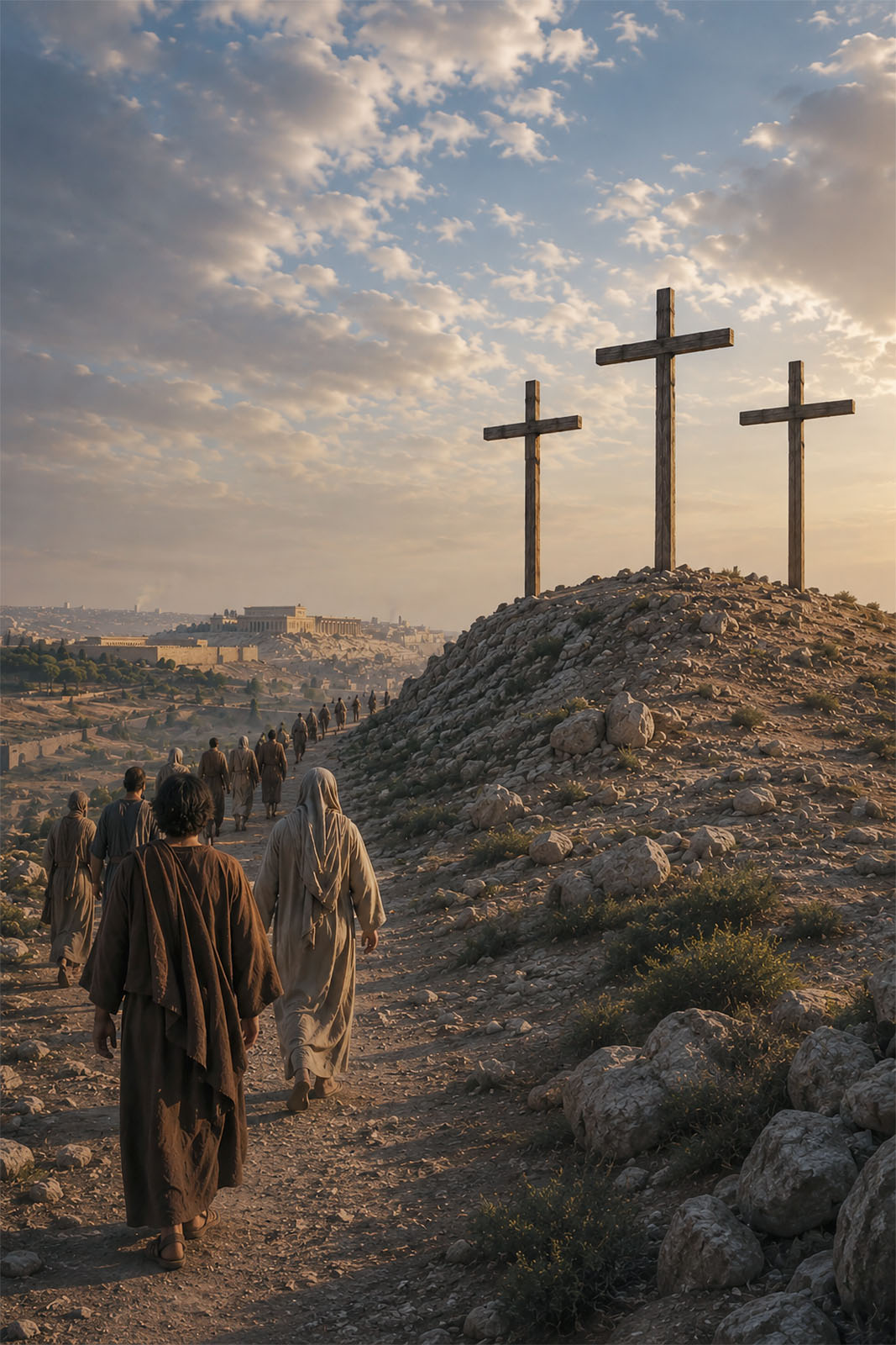 Jesus hangs on the cross with two thieves